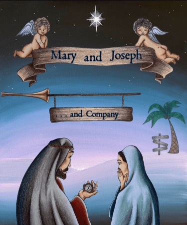 An illustration of an anxious looking male and female while angels float above for the play Mary and Joseph and Company for TRW Plays