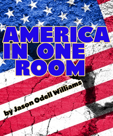 The American flag is the background with the text "America in One Room" overlayed on top of it.