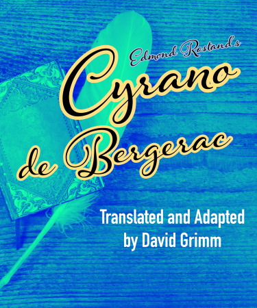 A book and a feather sit on a table with the text "Cyrano de Bergerac" overlayed upon it.