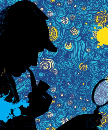 A silhouette of Sherlock Holmes holding a magnifying glass overlayed against Van Gough's Starry Night