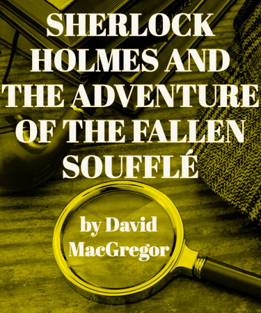 A magnifying glass and a tweed jacket sit on a table with the title of the play superimposed onto the picture.