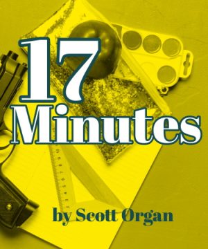 A handgun, an apple, and several school supplies sit on a table with the play title "17 Minutes" overlayed on top.