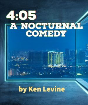 The skyline of a city as seen through a window with the play title "4:05 A Nocturnal Comedy" printed above it