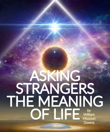 A new age image of a pyramid of light overlayed upon an image of the cosmos in the background with the play title "Asking Strangers The Meaning of Life" printed over the image.