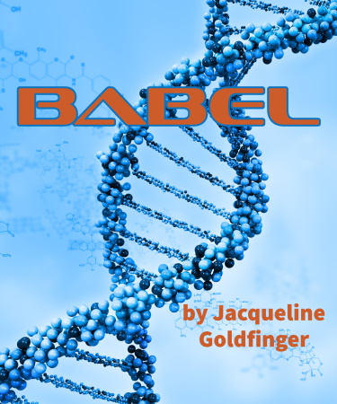 A strand of DNA is shown with with the play title "Babel" printed over the image.