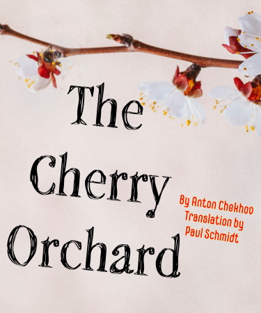 A branch of a cherry tree in bloom with the play title "The Cherry Orchard" printed below it