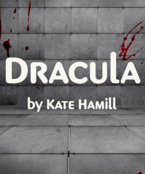 In the background, a blood-splattered stark, grey tile wall and floor are shown, with the play title "Dracula" printed over the image.