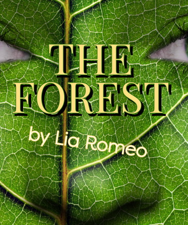 A close up of a leaf, superimposed onto a human face with the play title "The Forest" printed over the image.