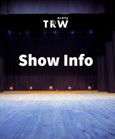 An empty theater stage with the word "Show Info" superimposed onto the curtains for TRW Plays